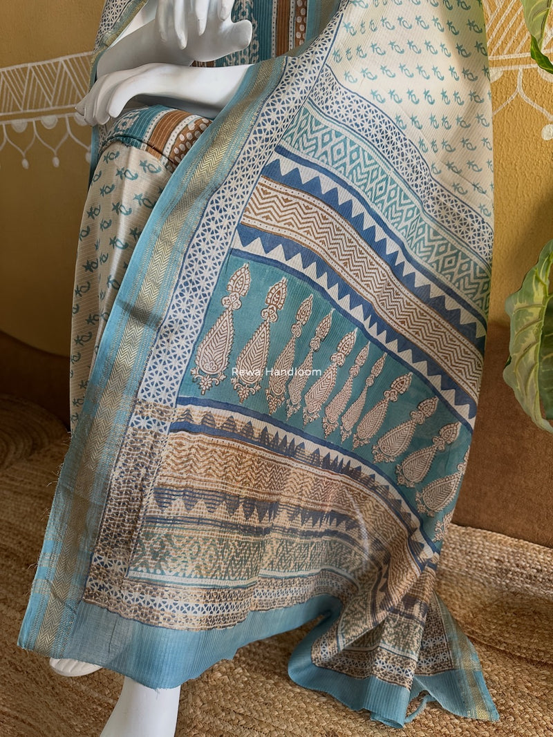 Maheshwari Light Sea Green-White Bagh Indigo Print Suit MBIS01