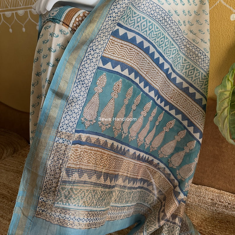 Maheshwari Light Sea Green-White Bagh Indigo Print Suit MBIS01