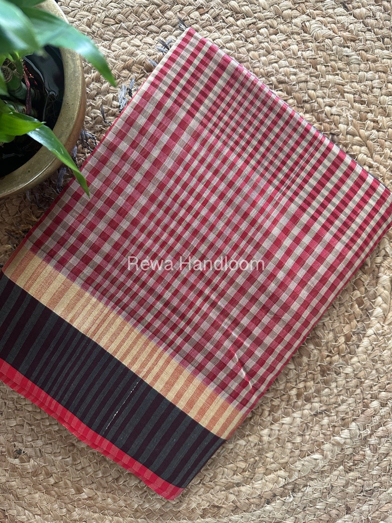 Exclusive Maheswari Checks Beige-Red Saree CVS02