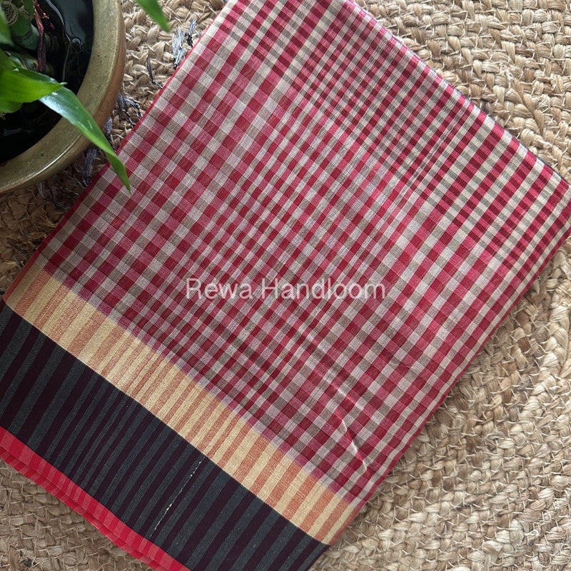 Exclusive Maheswari Checks Beige-Red Saree CVS02