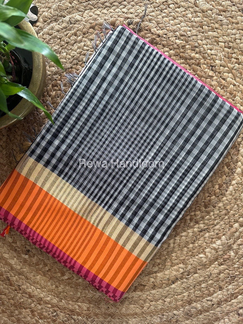 Exclusive Maheswari Checks White-Black Saree CVS04