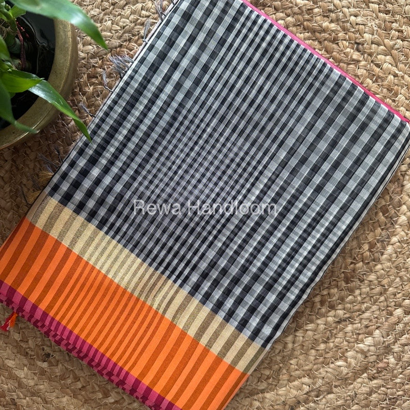 Exclusive Maheswari Checks White-Black Saree CVS04