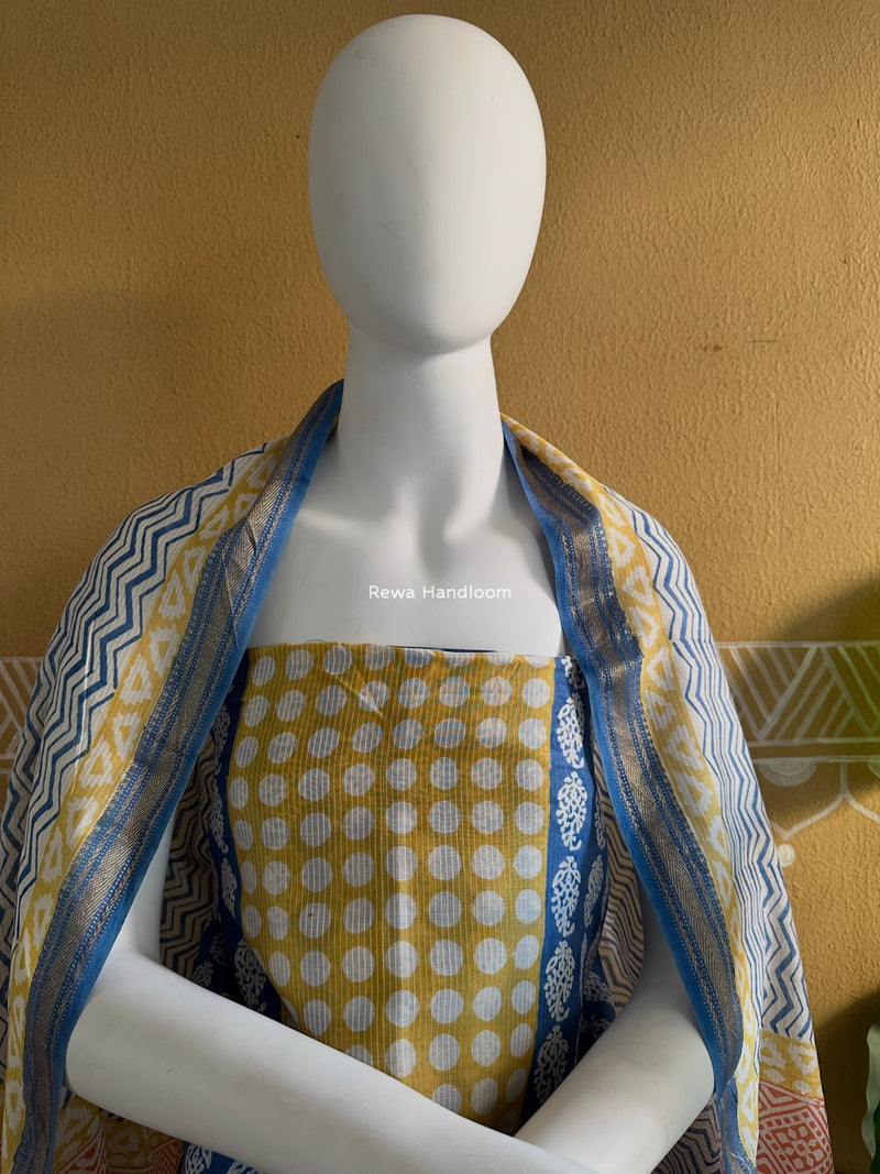 Maheshwari Mustard-Blue Bagh Indigo Print Suit MBIS04
