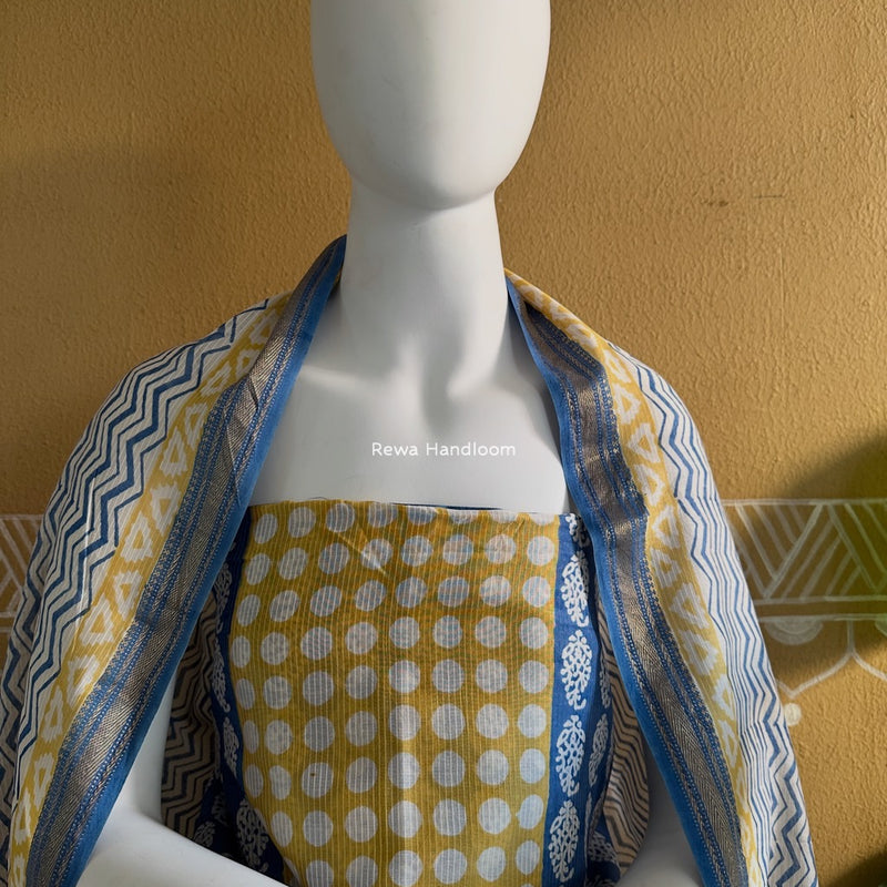 Maheshwari Mustard-Blue Bagh Indigo Print Suit MBIS04