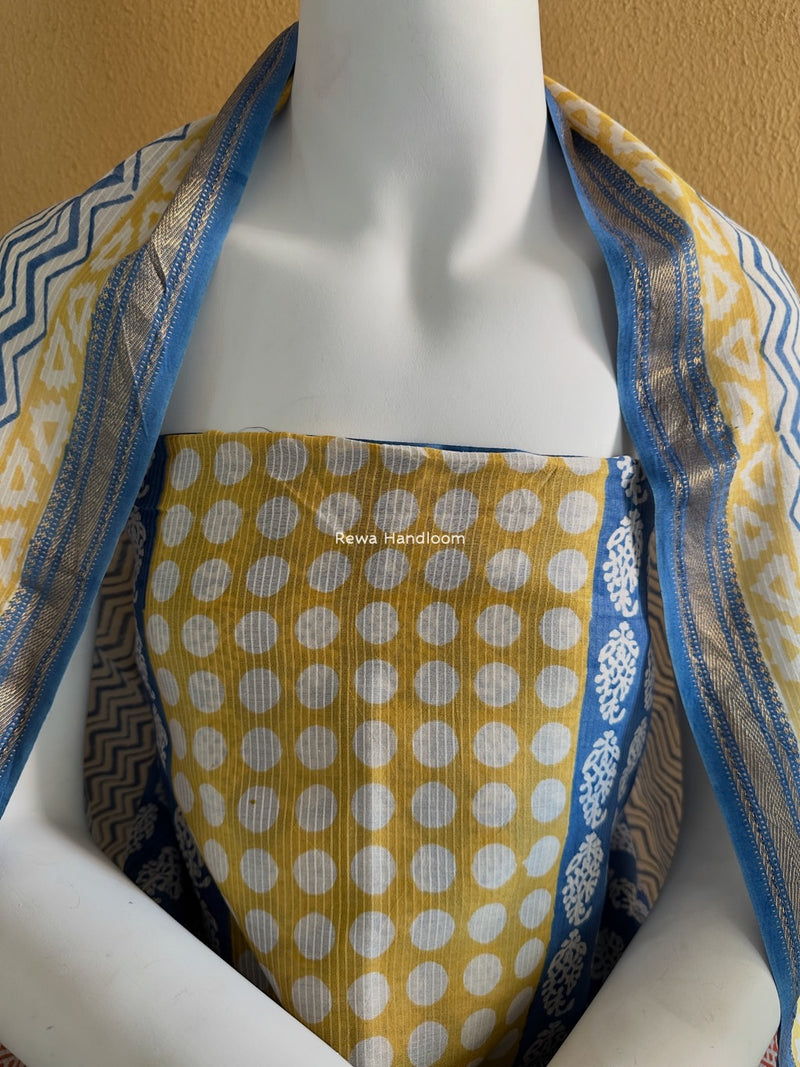 Maheshwari Mustard-Blue Bagh Indigo Print Suit MBIS04