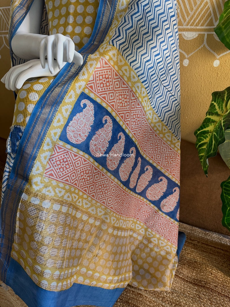 Maheshwari Mustard-Blue Bagh Indigo Print Suit MBIS04