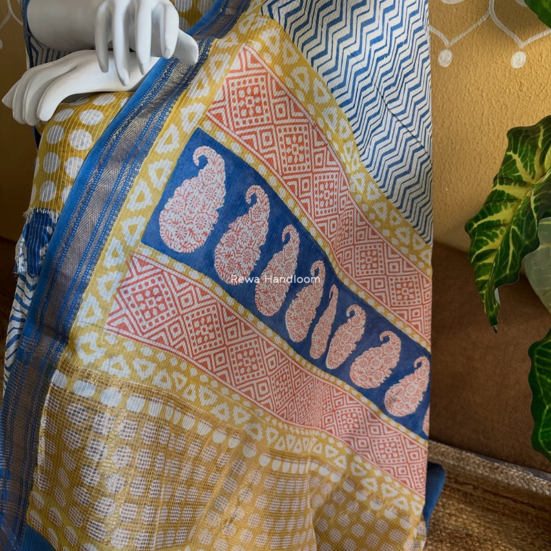 Maheshwari Mustard-Blue Bagh Indigo Print Suit MBIS04