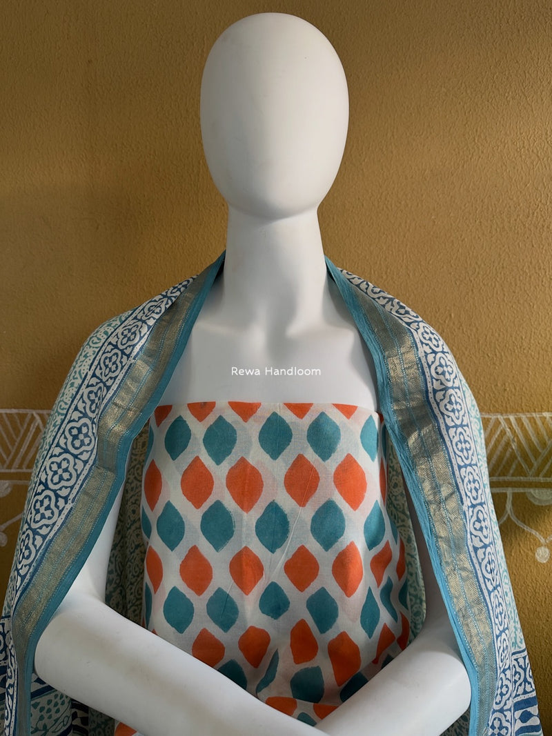 Maheshwari Aqua Green-Orange Bagh Indigo Print Suit MBIS05