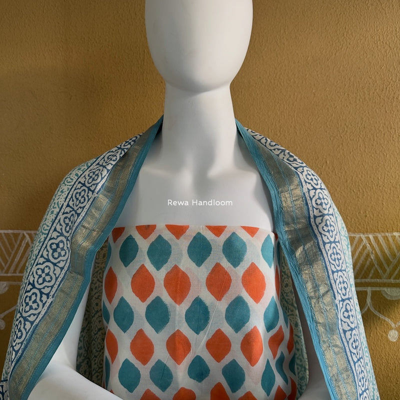 Maheshwari Aqua Green-Orange Bagh Indigo Print Suit MBIS05
