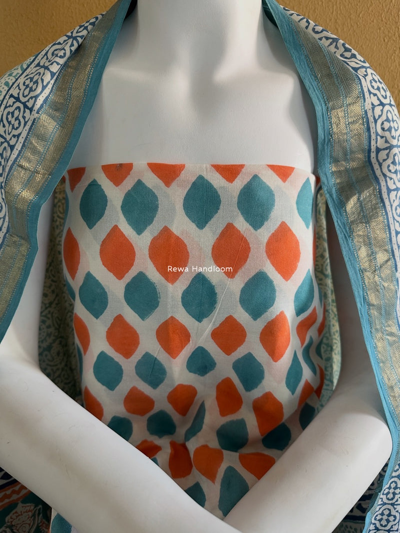 Maheshwari Aqua Green-Orange Bagh Indigo Print Suit MBIS05