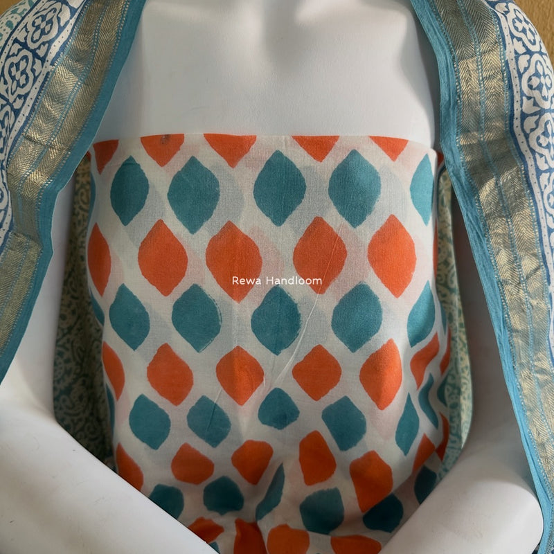 Maheshwari Aqua Green-Orange Bagh Indigo Print Suit MBIS05