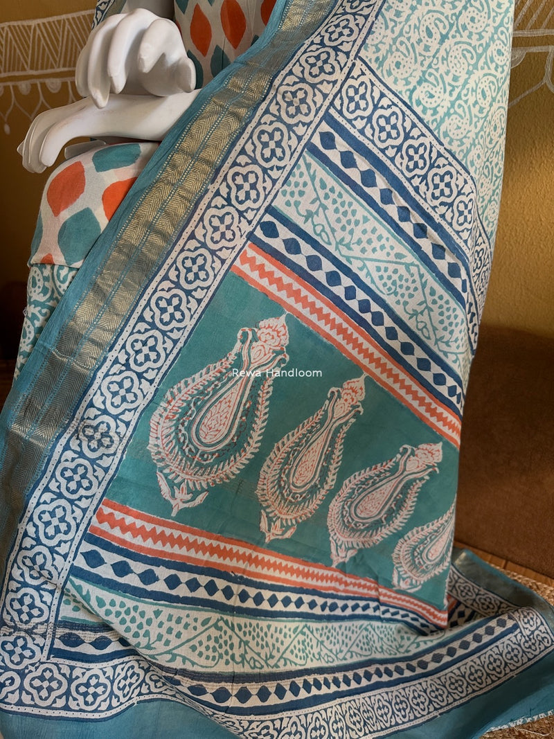 Maheshwari Aqua Green-Orange Bagh Indigo Print Suit MBIS05