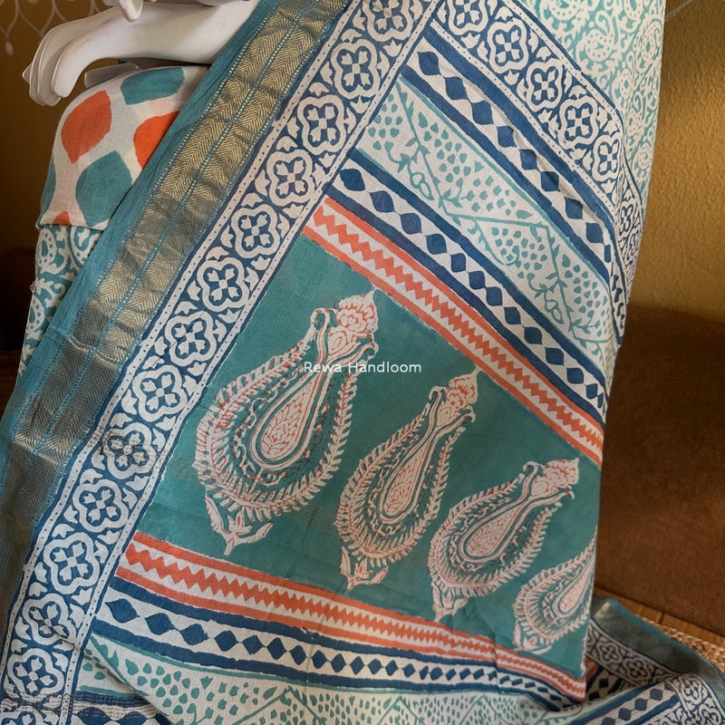 Maheshwari Aqua Green-Orange Bagh Indigo Print Suit MBIS05