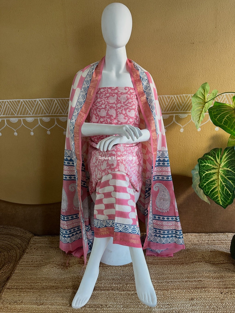 Maheshwari Pink-White Bagh Indigo Print Suit MBIS06 Rewa Handloom