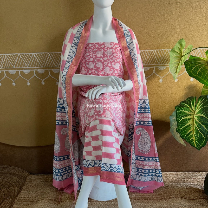 Maheshwari Pink-White Bagh Indigo Print Suit MBIS06 Rewa Handloom