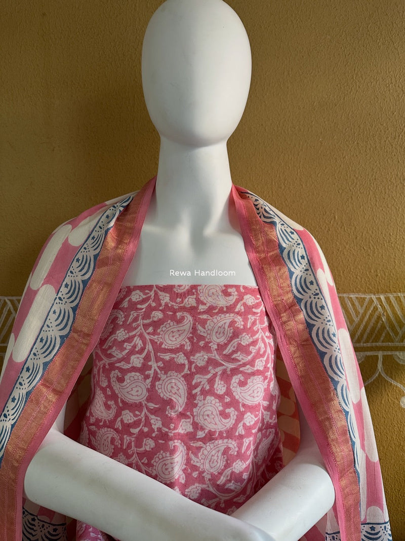 Maheshwari Pink-White Bagh Indigo Print Suit MBIS06 Rewa Handloom