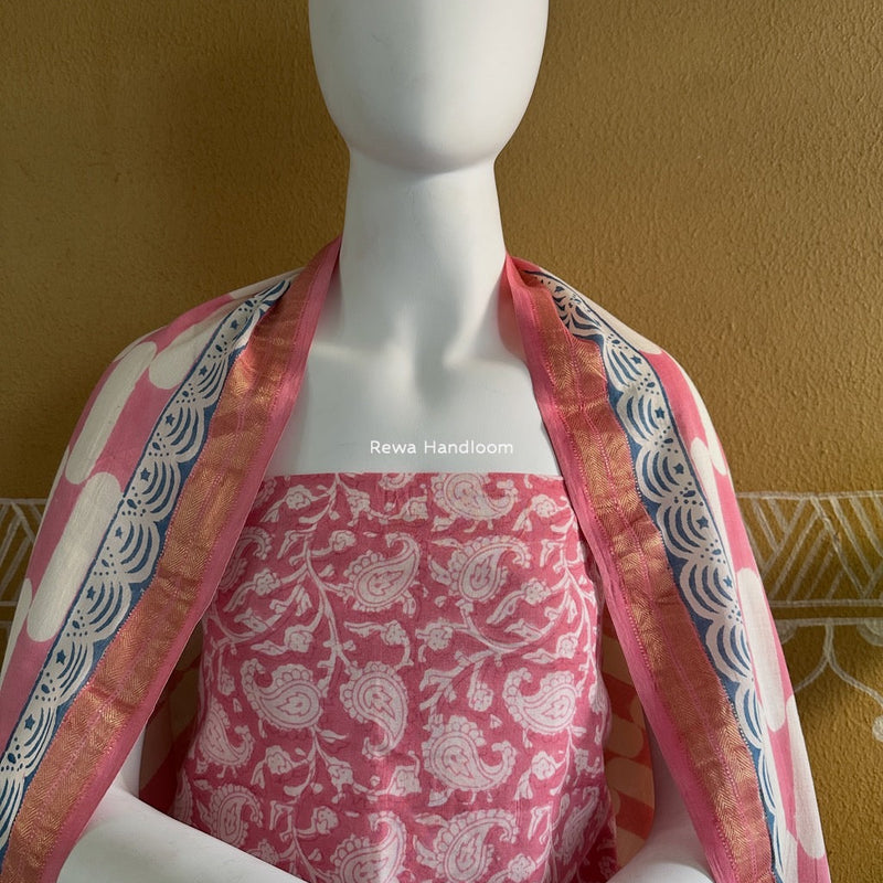 Maheshwari Pink-White Bagh Indigo Print Suit MBIS06 Rewa Handloom