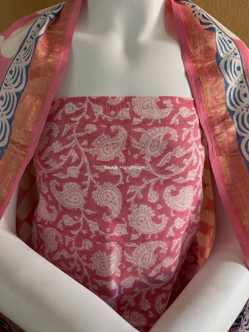 Maheshwari Pink-White Bagh Indigo Print Suit MBIS06 Rewa Handloom