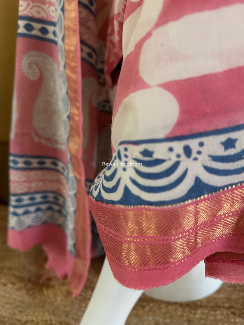 Maheshwari Pink-White Bagh Indigo Print Suit MBIS06 Rewa Handloom