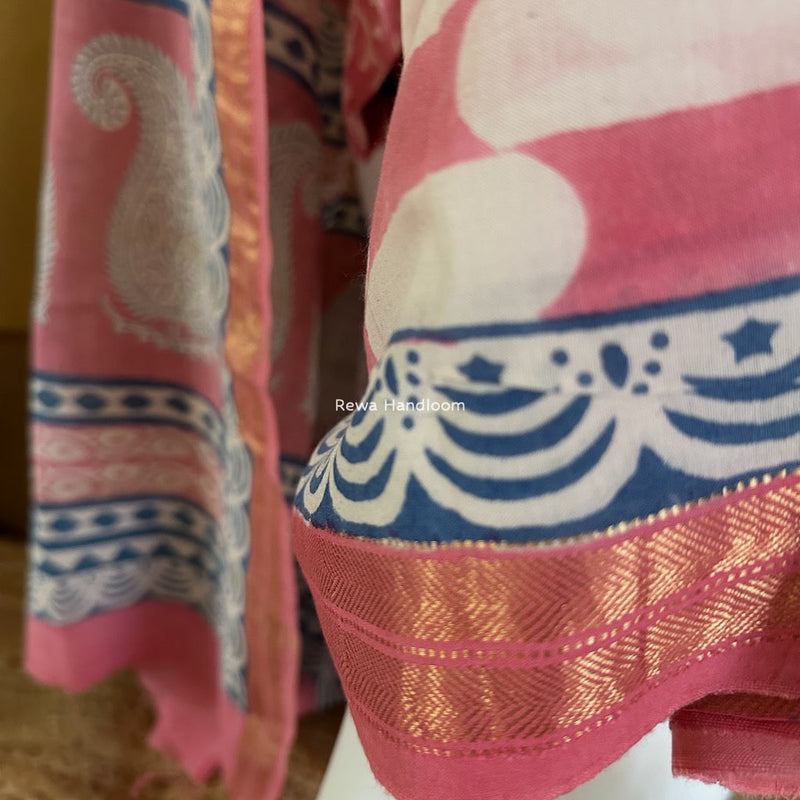 Maheshwari Pink-White Bagh Indigo Print Suit MBIS06 Rewa Handloom