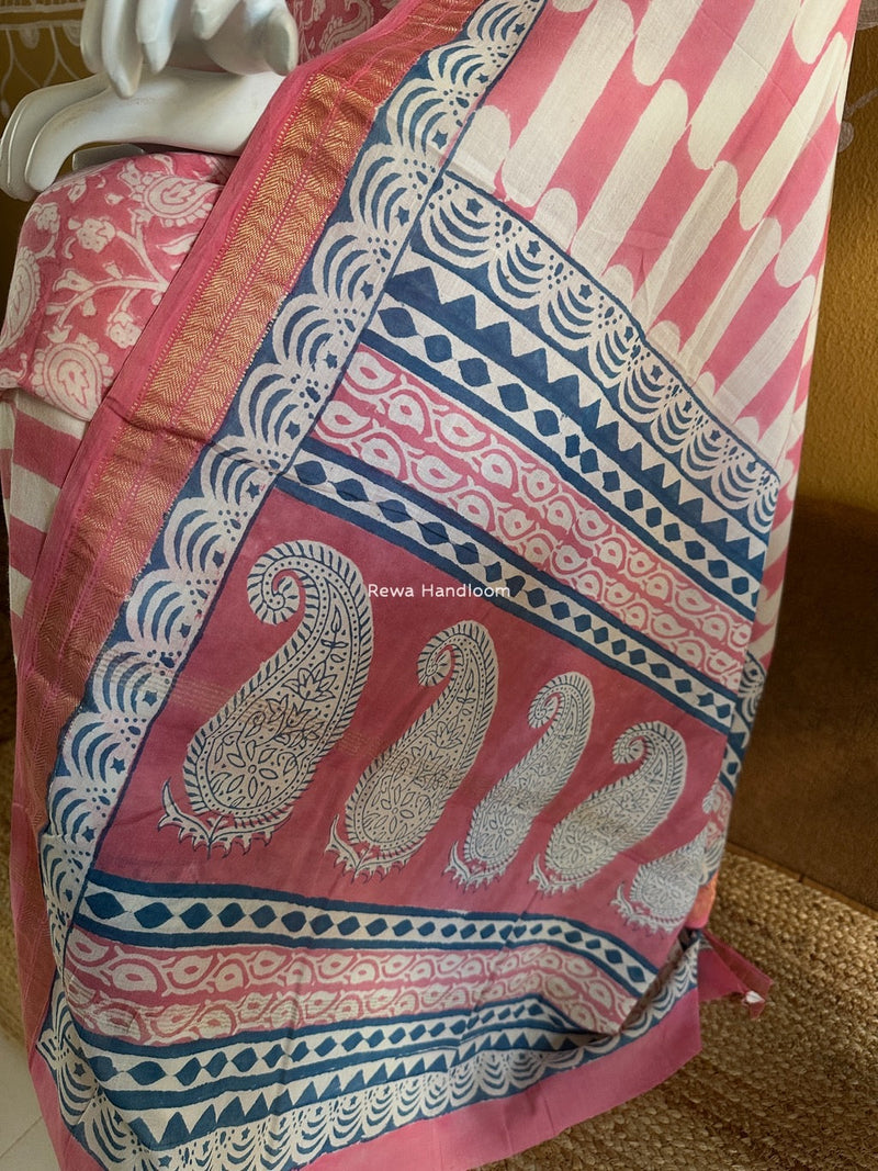 Maheshwari Pink-White Bagh Indigo Print Suit MBIS06 Rewa Handloom