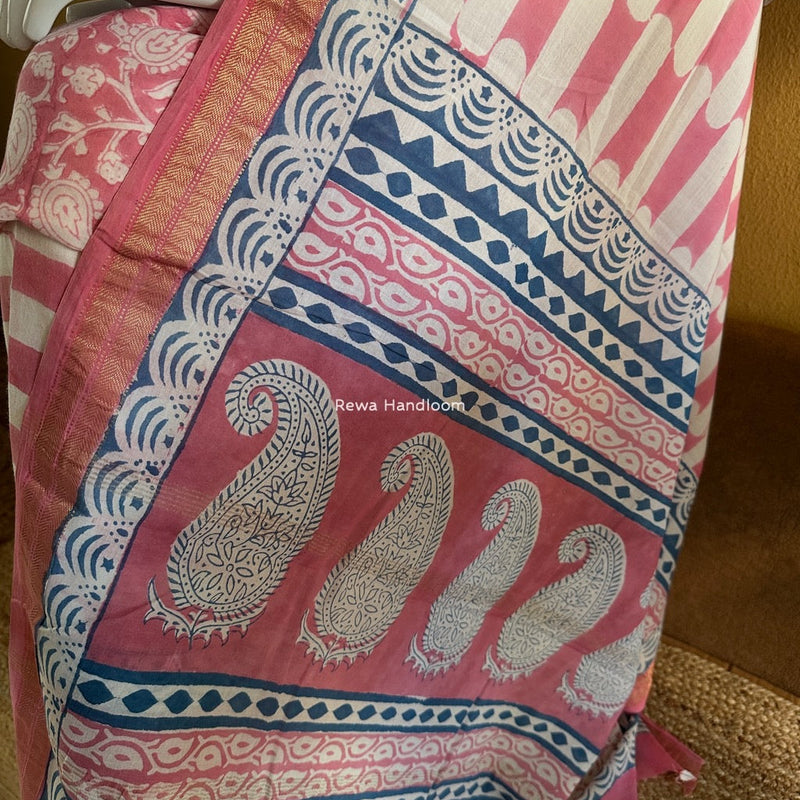 Maheshwari Pink-White Bagh Indigo Print Suit MBIS06 Rewa Handloom