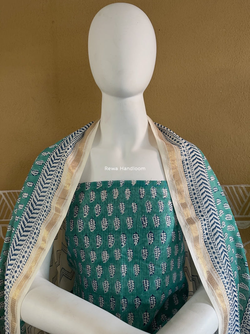 Maheshwari Aqua Green-white Bagh Indigo Print Suit MBIS09