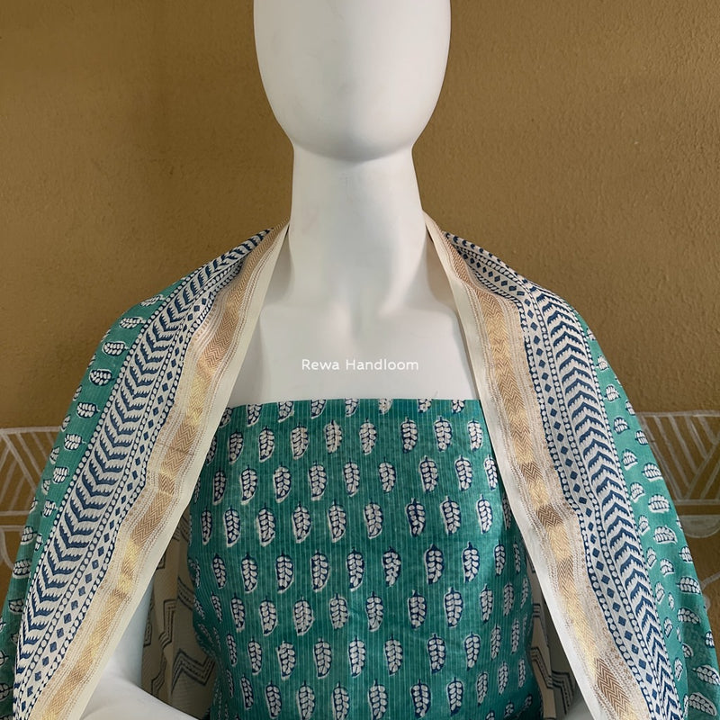 Maheshwari Aqua Green-white Bagh Indigo Print Suit MBIS09