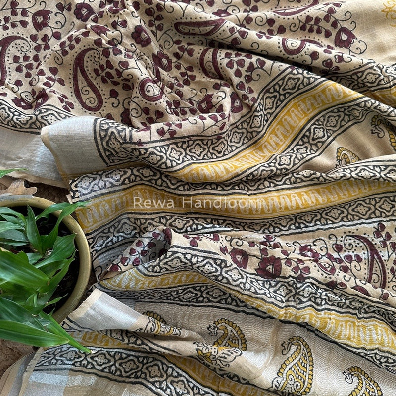 Beige Cotton Linen Saree LS015