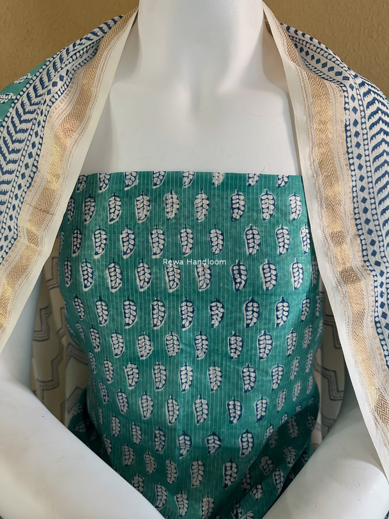 Maheshwari Aqua Green-white Bagh Indigo Print Suit MBIS09