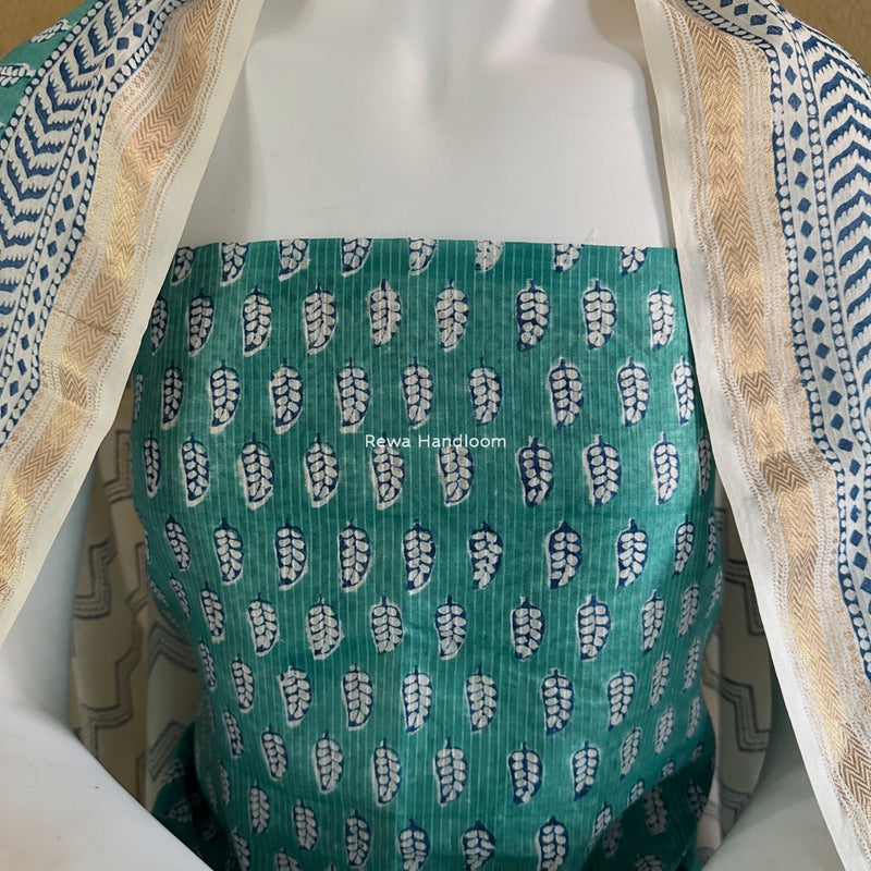 Maheshwari Aqua Green-white Bagh Indigo Print Suit MBIS09