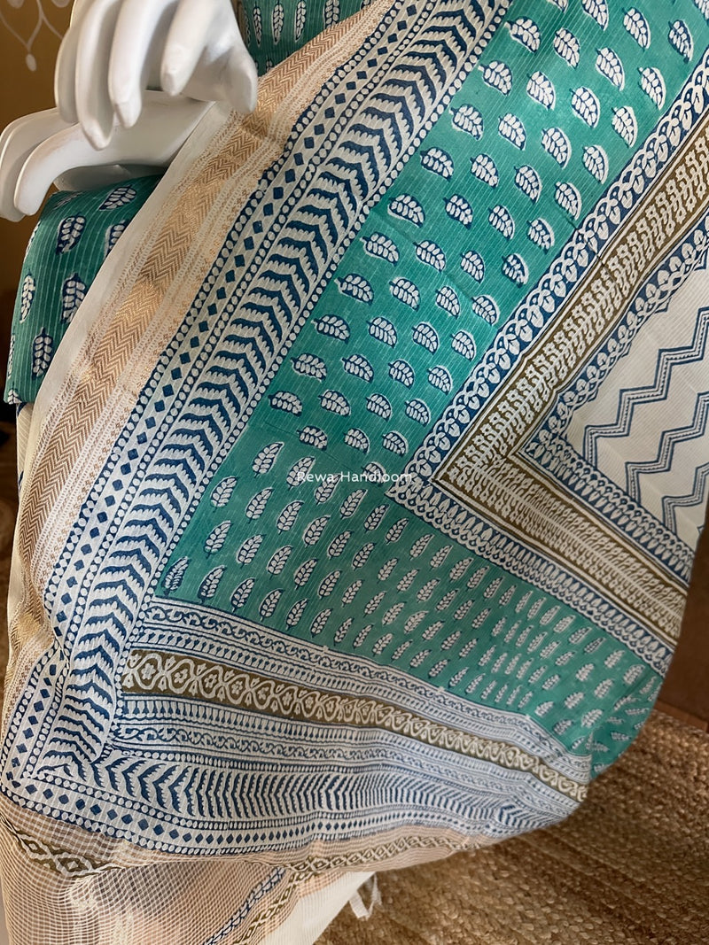 Maheshwari Aqua Green-white Bagh Indigo Print Suit MBIS09