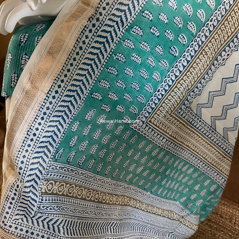 Maheshwari Aqua Green-white Bagh Indigo Print Suit MBIS09