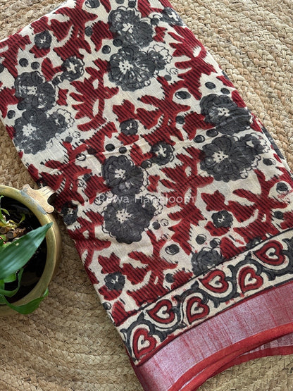 Beige-Maroon Cotton Linen Saree LS013