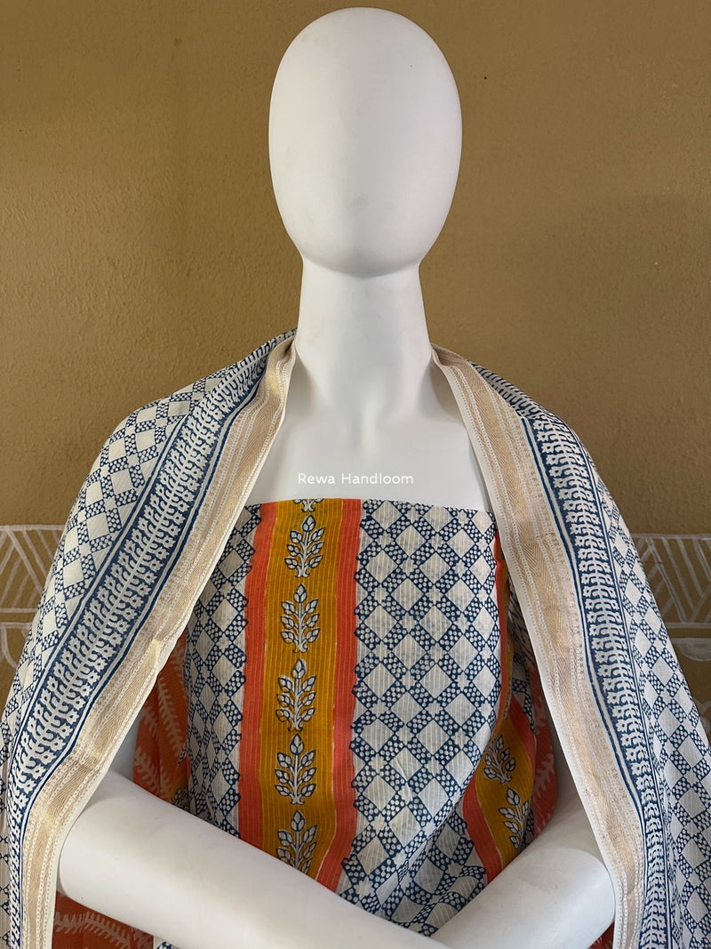 Maheshwari Blue-Orange Bagh Indigo Print Suit MBIS10