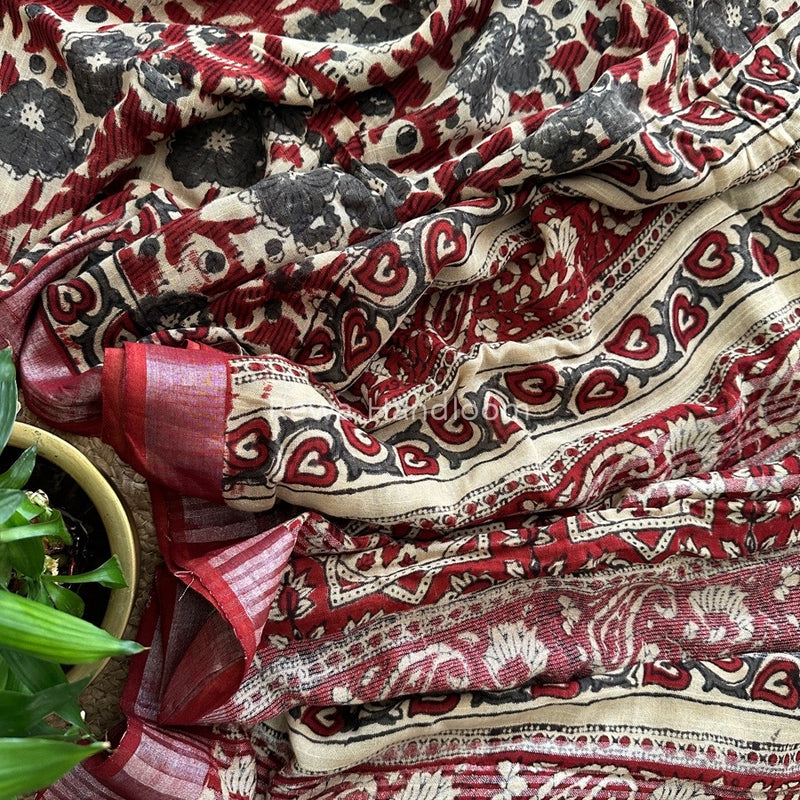 Beige-Maroon Cotton Linen Saree LS013