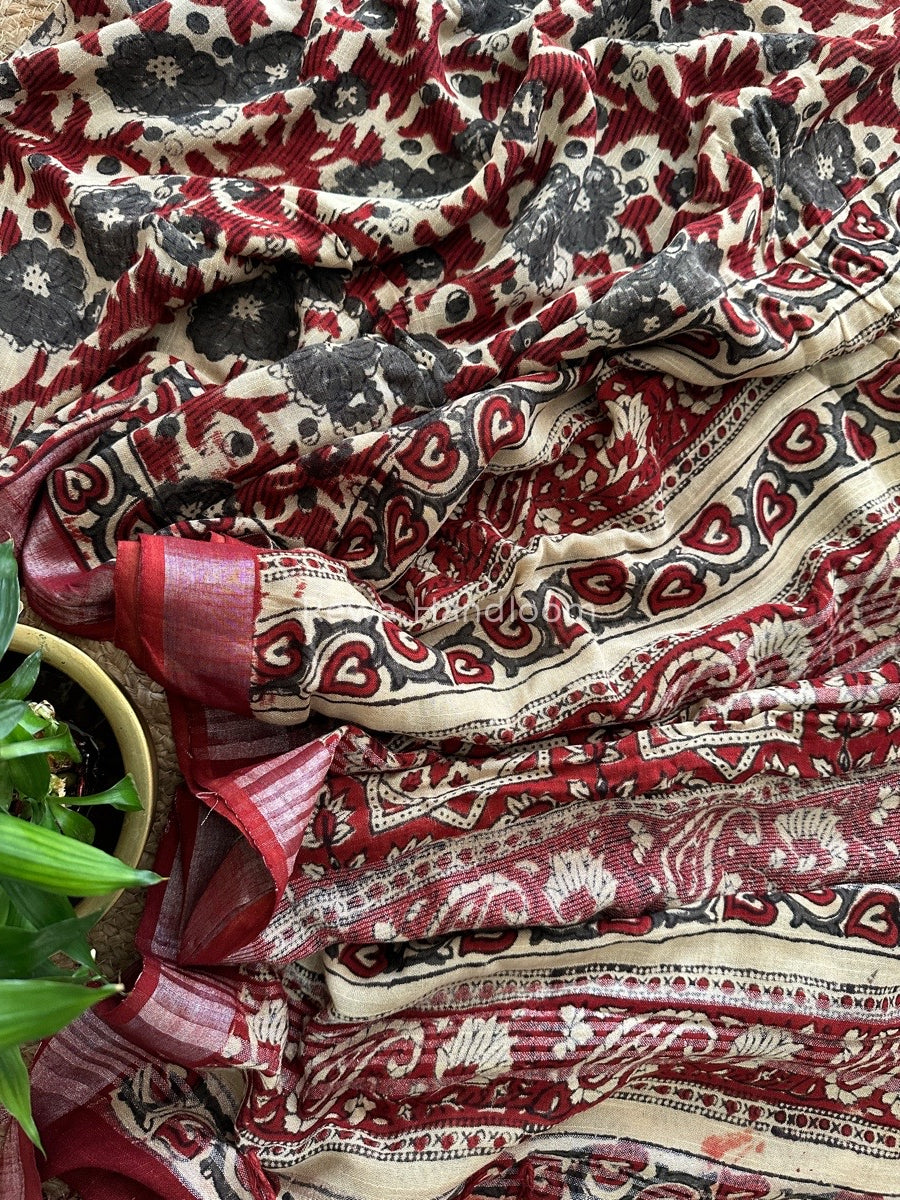 Beige-Maroon Cotton Linen Saree LS013