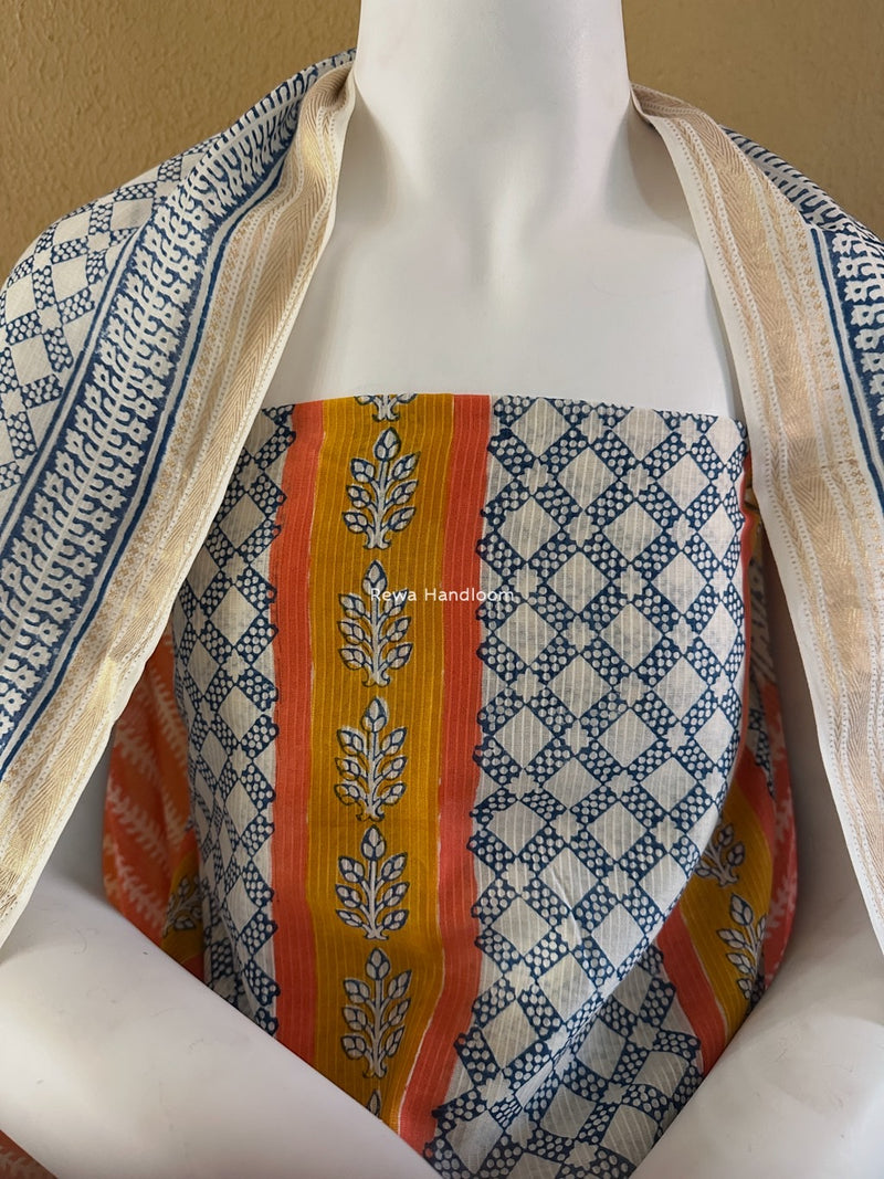 Maheshwari Blue-Orange Bagh Indigo Print Suit MBIS10