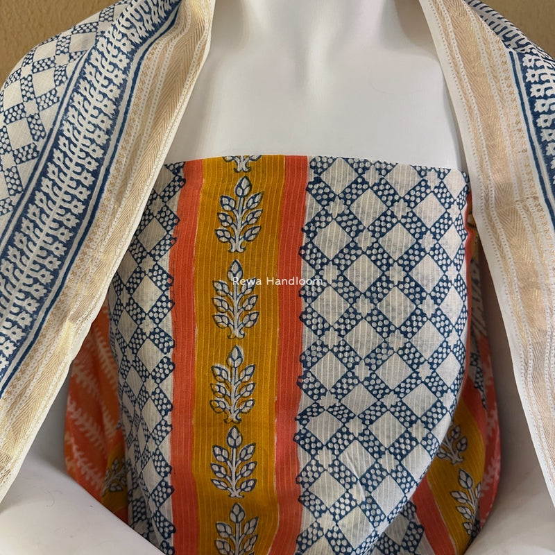 Maheshwari Blue-Orange Bagh Indigo Print Suit MBIS10