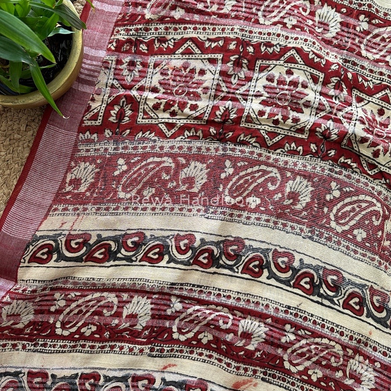 Beige-Maroon Cotton Linen Saree LS013