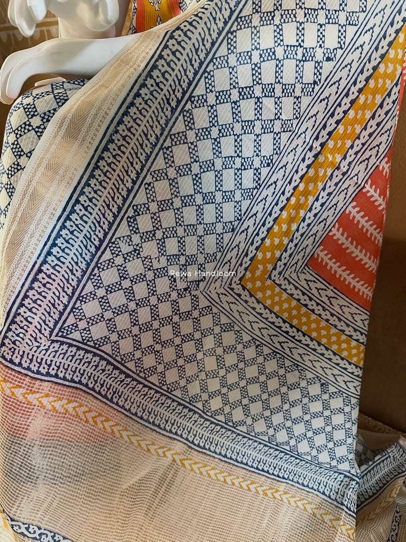 Maheshwari Blue-Orange Bagh Indigo Print Suit MBIS10