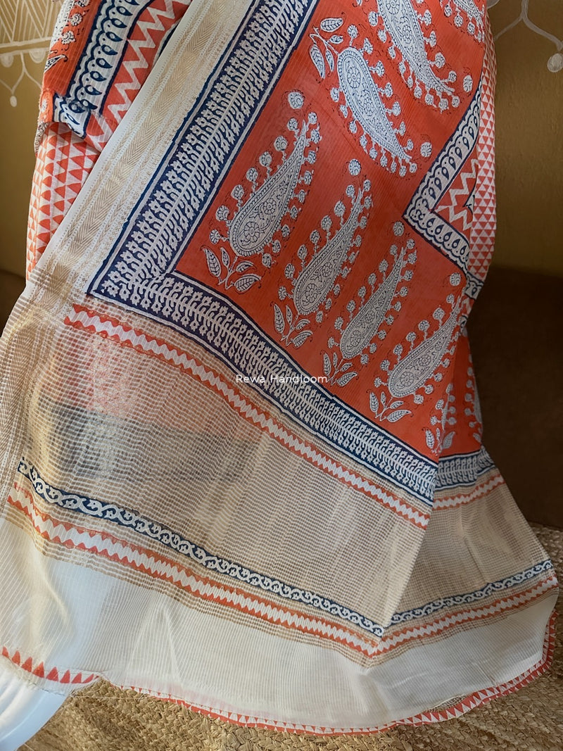 Maheshwari Orange-Blue Bagh Indigo Print Suit MBIS13