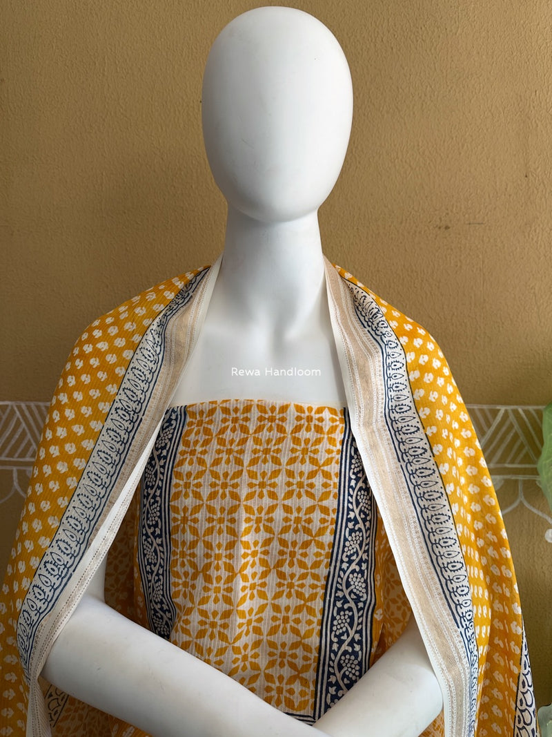 Maheshwari Yellow-White Bagh Indigo Print Suit MBIS12