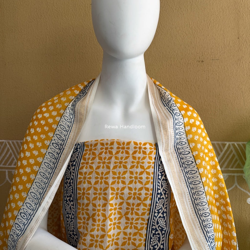 Maheshwari Yellow-White Bagh Indigo Print Suit MBIS12