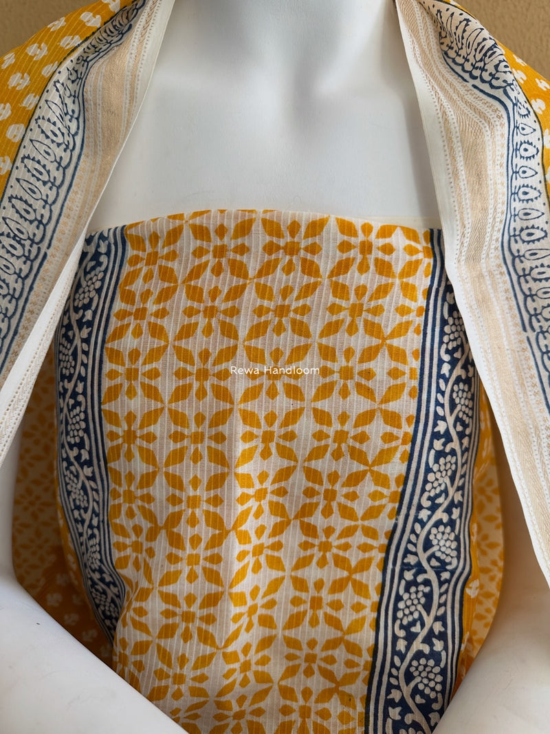 Maheshwari Yellow-White Bagh Indigo Print Suit MBIS12