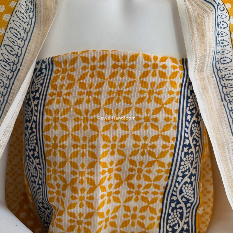 Maheshwari Yellow-White Bagh Indigo Print Suit MBIS12