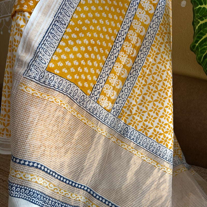 Maheshwari Yellow-White Bagh Indigo Print Suit MBIS12