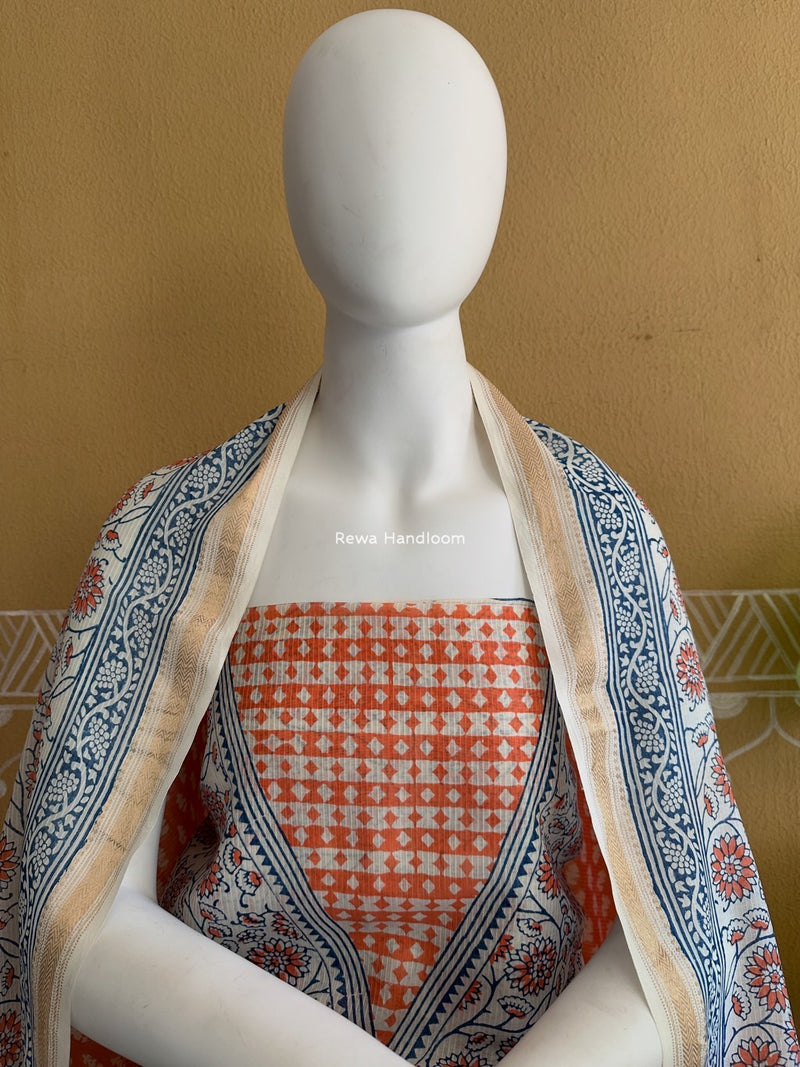 Maheshwari Orange-White Bagh Indigo Print Suit MBIS16