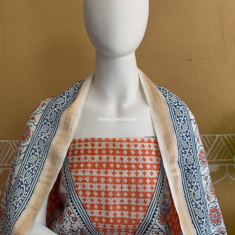 Maheshwari Orange-White Bagh Indigo Print Suit MBIS16