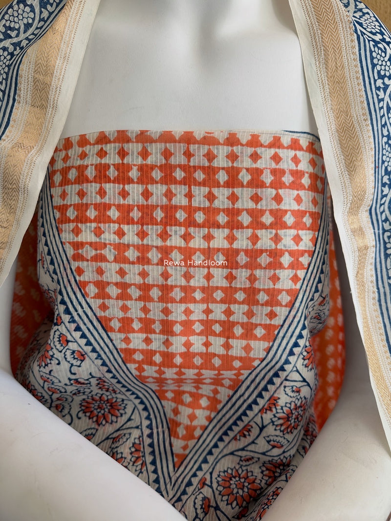 Maheshwari Orange-White Bagh Indigo Print Suit MBIS16